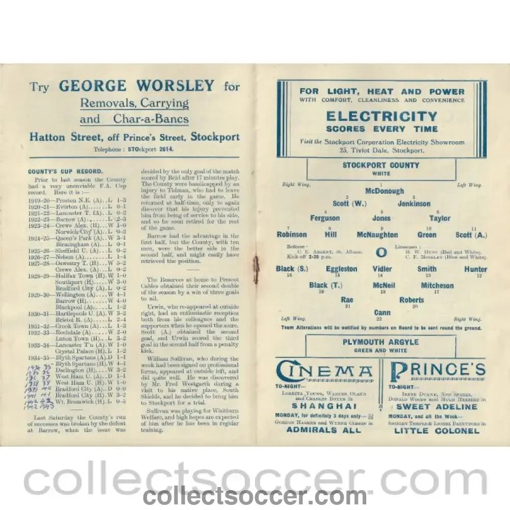 1936 - Stockport County v Plymouth Argyle FA Cup 3rd Round 11/1/1936 Football Programme - Collect Soccer