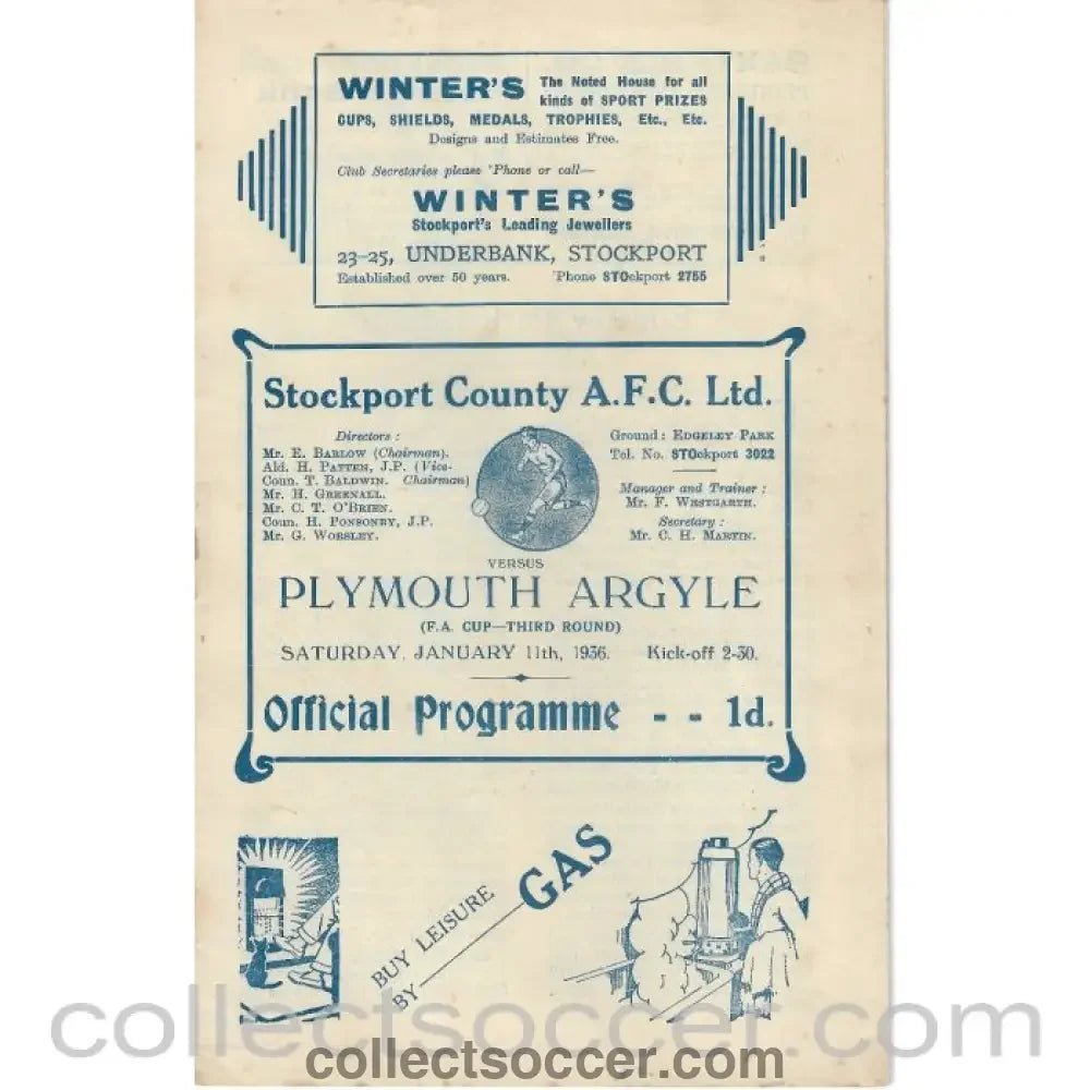 1936 - Stockport County v Plymouth Argyle FA Cup 3rd Round 11/1/1936 Football Programme - Collect Soccer