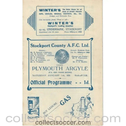 1936 - Stockport County v Plymouth Argyle FA Cup 3rd Round 11/1/1936 Football Programme - Collect Soccer