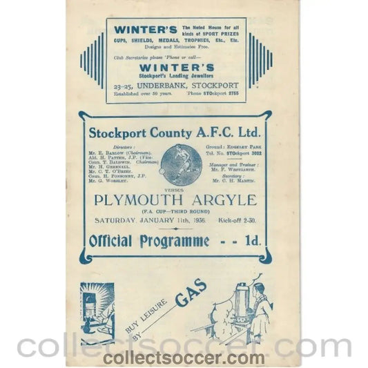 1936 - Stockport County v Plymouth Argyle FA Cup 3rd Round 11/1/1936 Football Programme - Collect Soccer