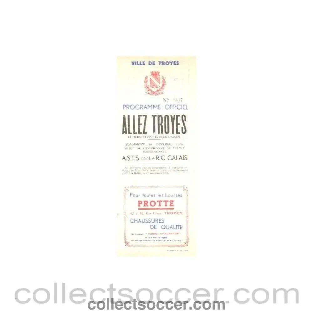1936 Troyes St. Savine v Calais official programme 18/10/1936 issue of Allez Troyes Supporters Club - Collect Soccer