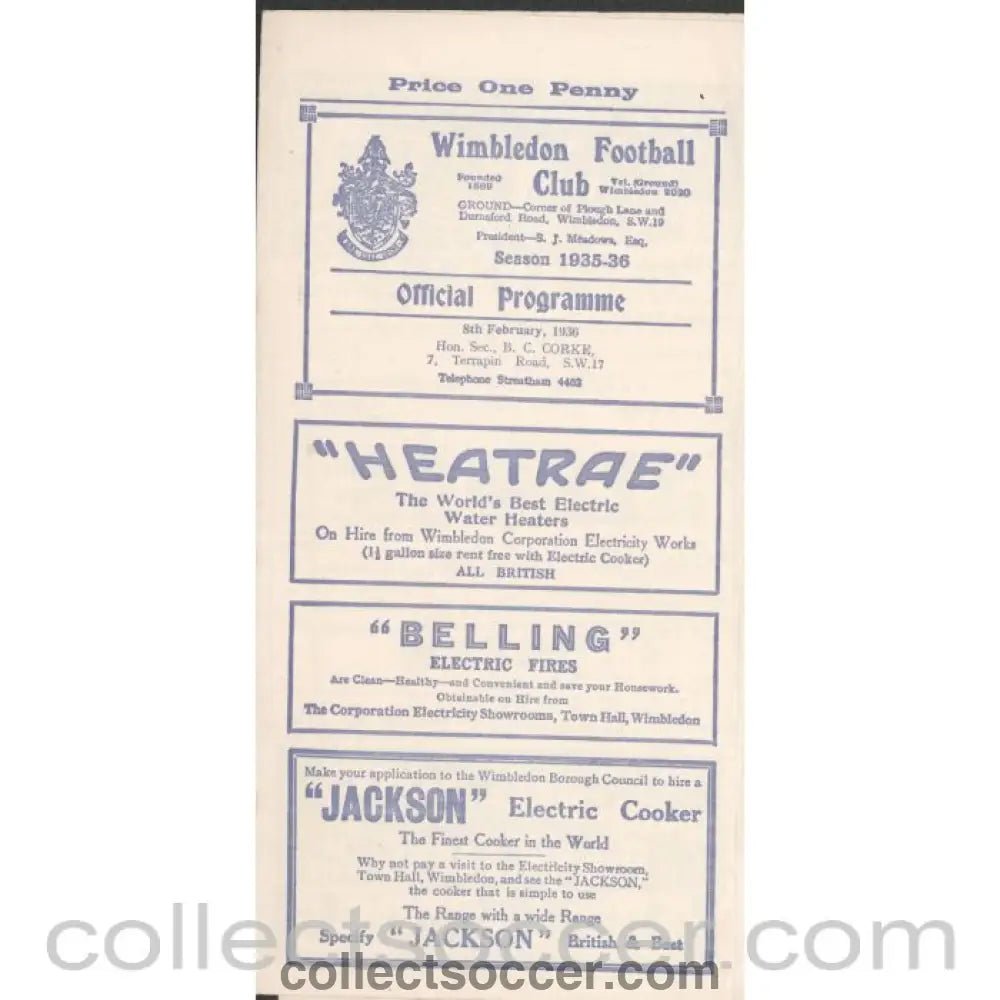 1936 - Wimbledon v Walton on Thames Surrey Senior Cup 2nd Round 8/2/1936 Programme - Collect Soccer