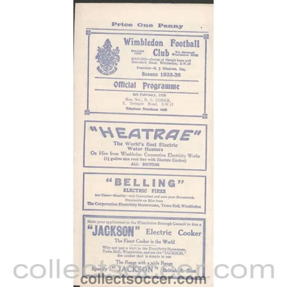 1936 - Wimbledon v Walton on Thames Surrey Senior Cup 2nd Round 8/2/1936 Programme - Collect Soccer