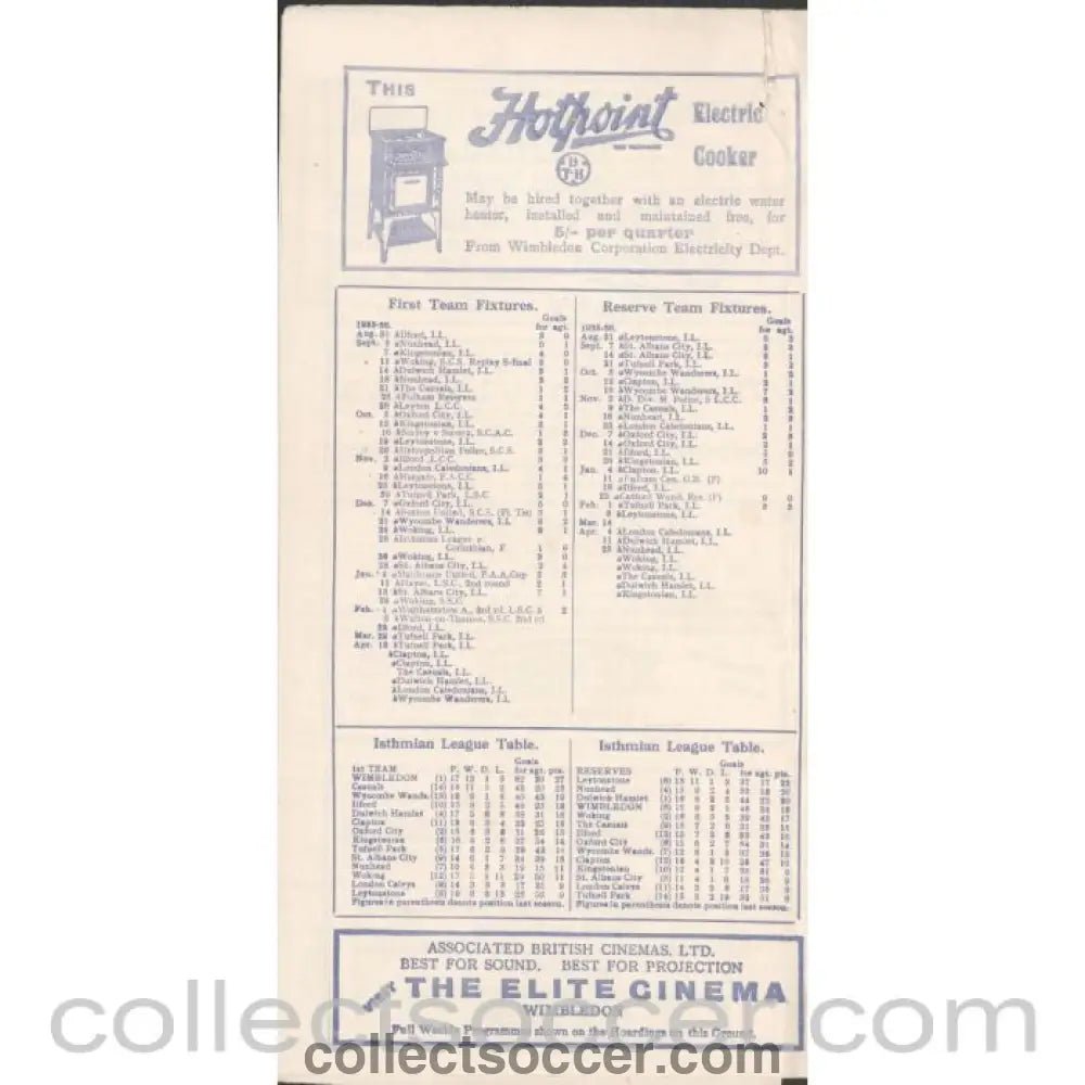 1936 - Wimbledon v Walton on Thames Surrey Senior Cup 2nd Round 8/2/1936 Programme - Collect Soccer