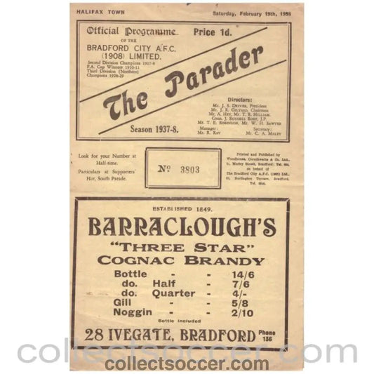 1937 - 1938 Bradford City v Halifax Town Official Programme - Collect Soccer