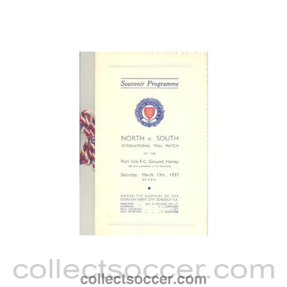 1937 - At Port Vale - English Schools North v South International Trial Match 13/03/1937
