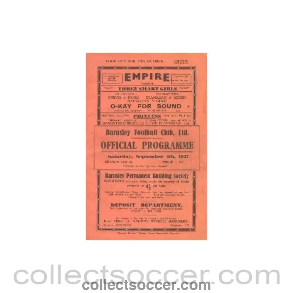 1937 - Barnsley v Stockport County official programme 04/09/1937 - Collect Soccer