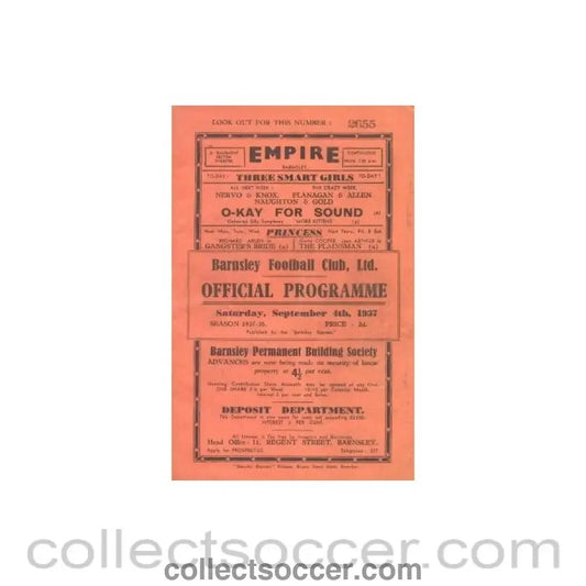 1937 - Barnsley v Stockport County official programme 04/09/1937 - Collect Soccer