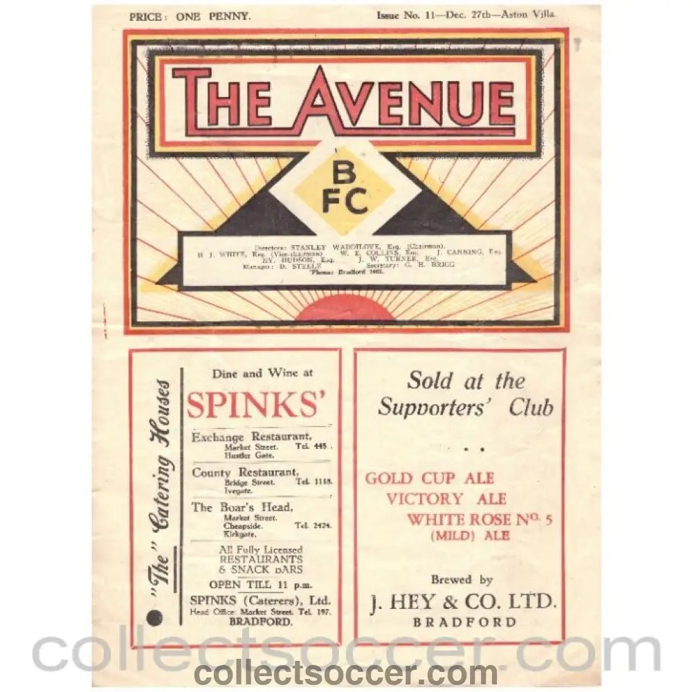 1937 Bradford Park Avenue v Aston Villa Official Programme - Collect Soccer