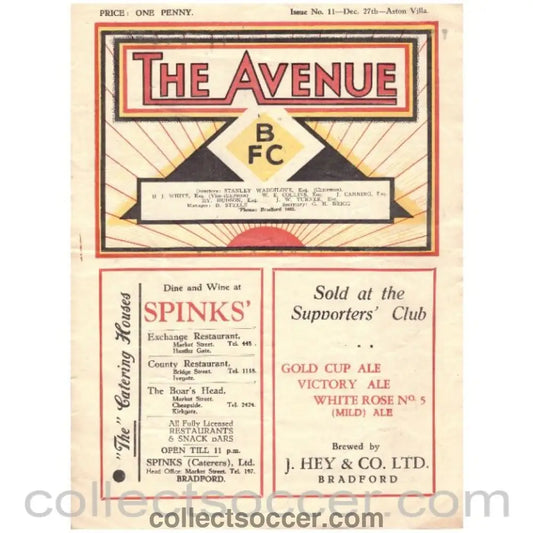 1937 Bradford Park Avenue v Aston Villa Official Programme - Collect Soccer