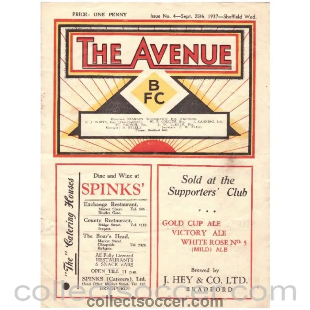 1937 Bradford Park Avenue v Sheffield Wednesday Official Programme - Collect Soccer