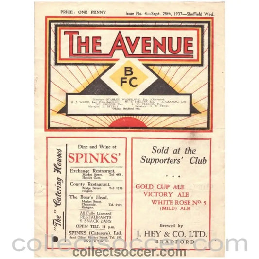 1937 Bradford Park Avenue v Sheffield Wednesday Official Programme - Collect Soccer
