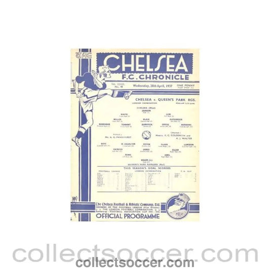 1937 - Chelsea Reserves v Queen’s Park Rangers Reserves official programme 28/04/1937