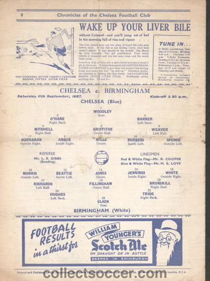 1937 Chelsea v Birmingham City Official Programme 11/9/1937