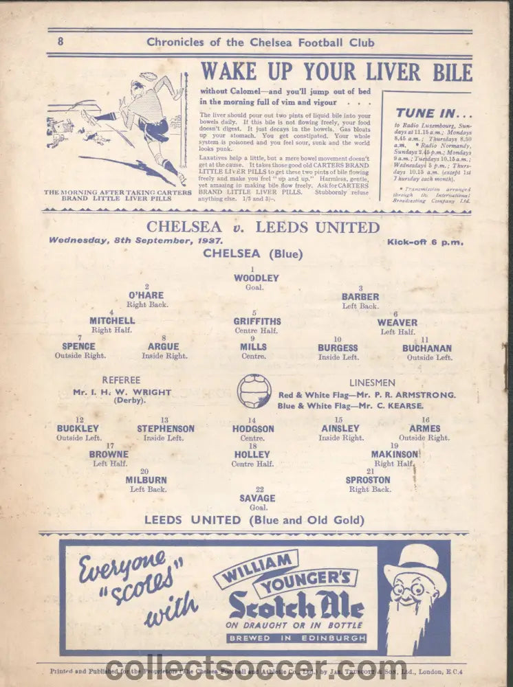 1937 Chelsea v Leeds United Official Programme 8/9/1937