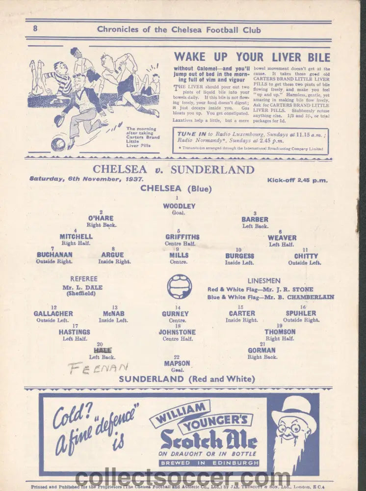 1937 Chelsea v Sunderland Official Football Programme 6/11/1937