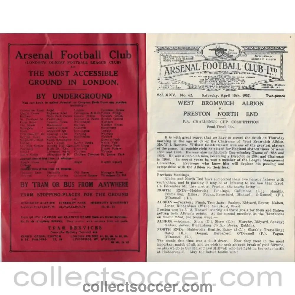 1937 FA Cup Semi Final At Arsenal West Bromwich Albion v Preston North End Programme - Collect Soccer