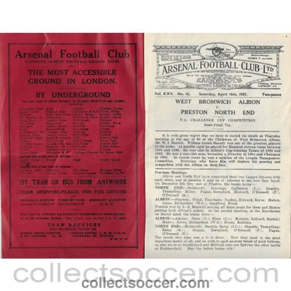 1937 FA Cup Semi Final At Arsenal West Bromwich Albion v Preston North End Programme - Collect Soccer