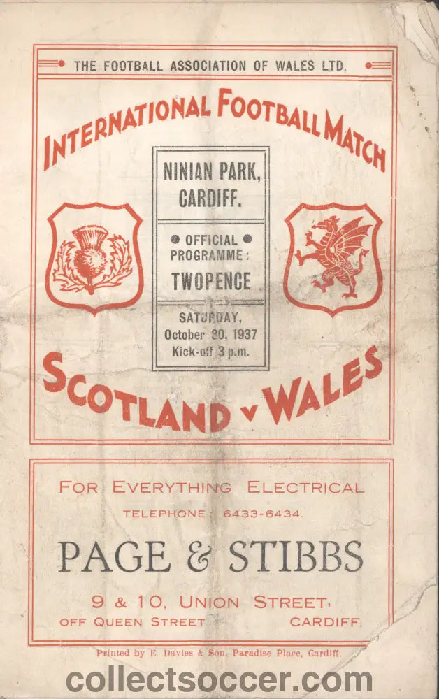 1937 Played at Cardiff City Scotland v Wales Official Programme