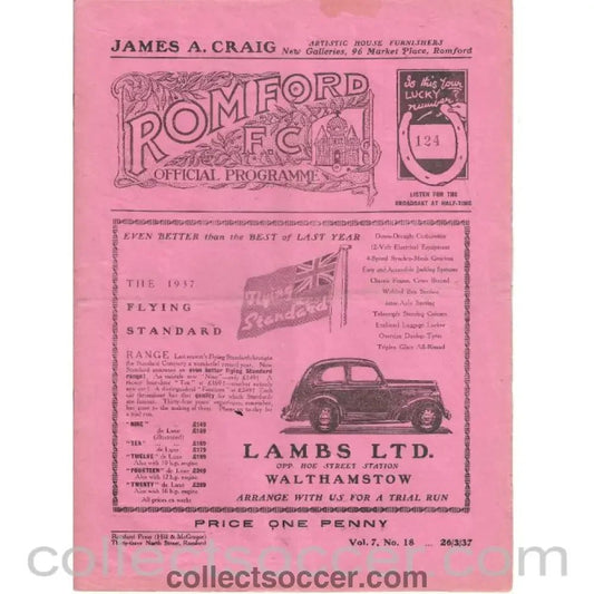 1937 - Romford V Redhill 26/3/1937 Official Football Programme - Collect Soccer