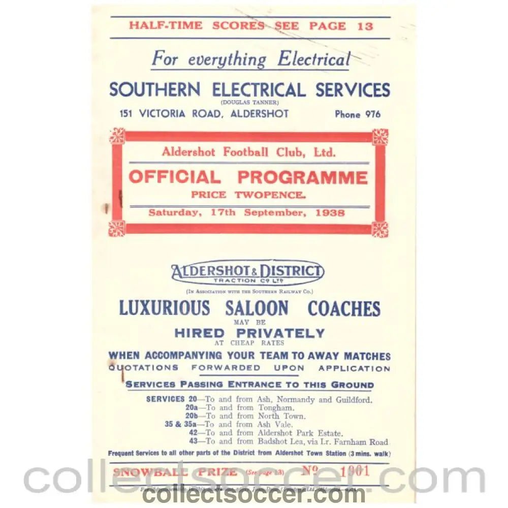 1938 Aldershot v Clapton Orient Programme - Collect Soccer