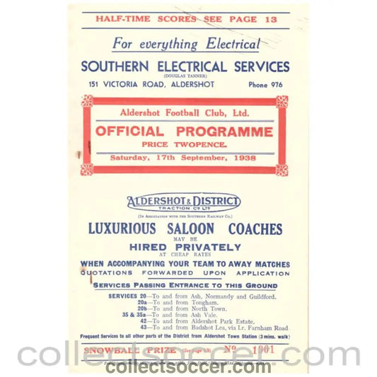 1938 Aldershot v Clapton Orient Programme - Collect Soccer