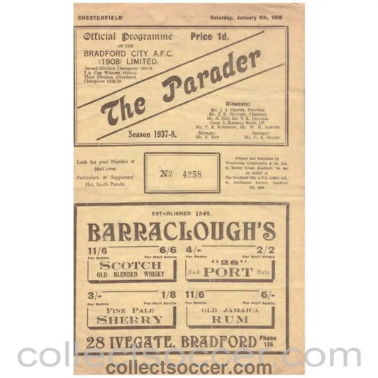 1938 Bradford City v Chesterfield Official Programme - Collect Soccer