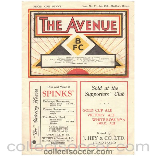 1938 Bradford Park Avenue v Blackburn Rovers Official Programme - Collect Soccer