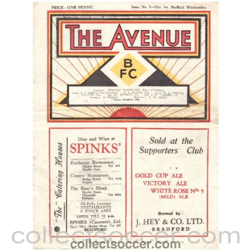 1938 Bradford Park Avenue v Sheffield Wednesday Official Programme - Collect Soccer