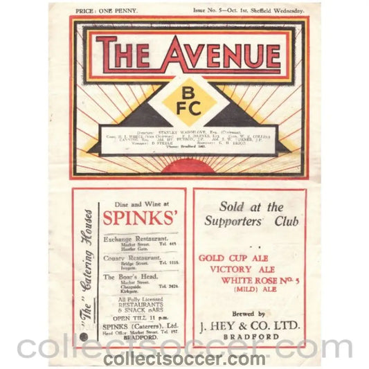 1938 Bradford Park Avenue v Sheffield Wednesday Official Programme - Collect Soccer