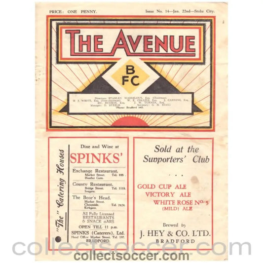 1938 Bradford Park Avenue v Stoke City Football Programme - Collect Soccer