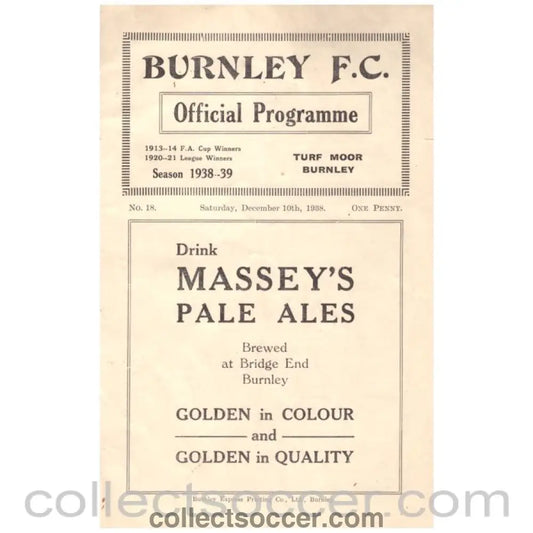 1938 Burnley v Manchester City Official Programme - Collect Soccer