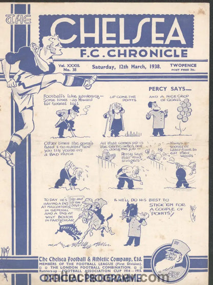 1938 Chelsea v Bolton Wanderers Official Programme 12/3/1938