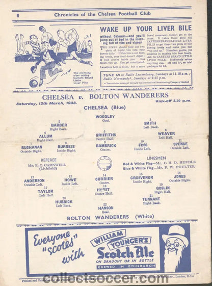1938 Chelsea v Bolton Wanderers Official Programme 12/3/1938