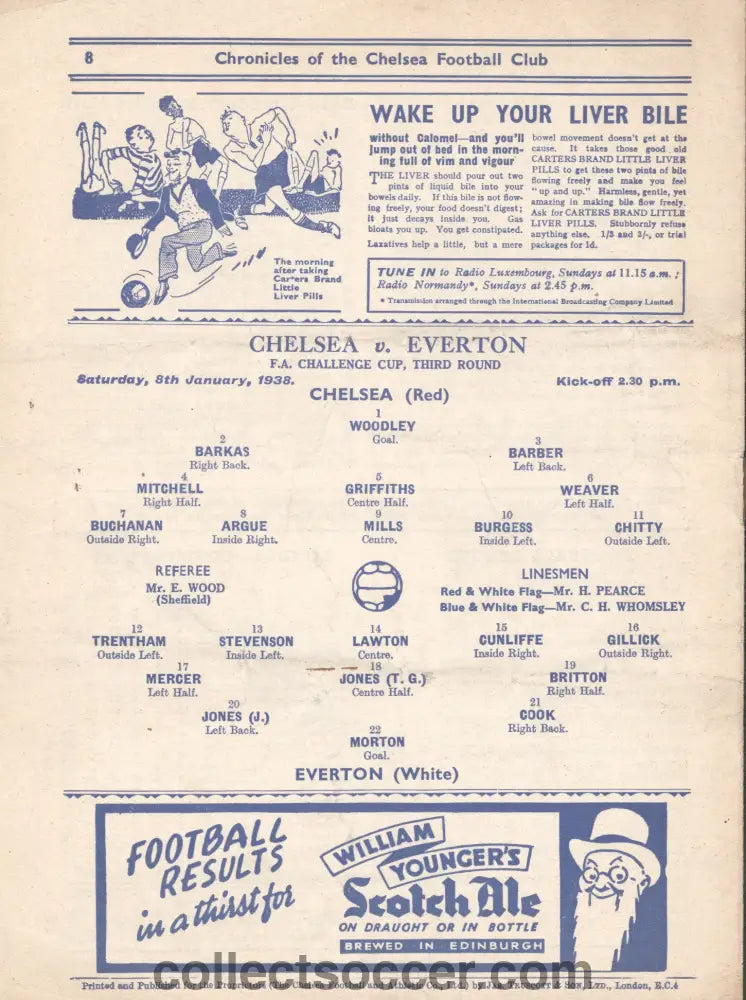 1938 Chelsea v Everton FA Cup 3rd Round Official Programme 8/1/1938