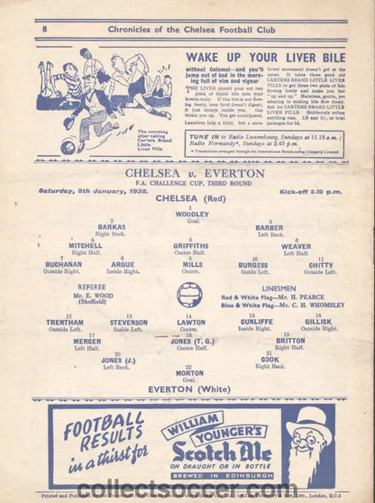 1938 Chelsea v Everton FA Cup 3rd Round Official Programme 8/1/1938