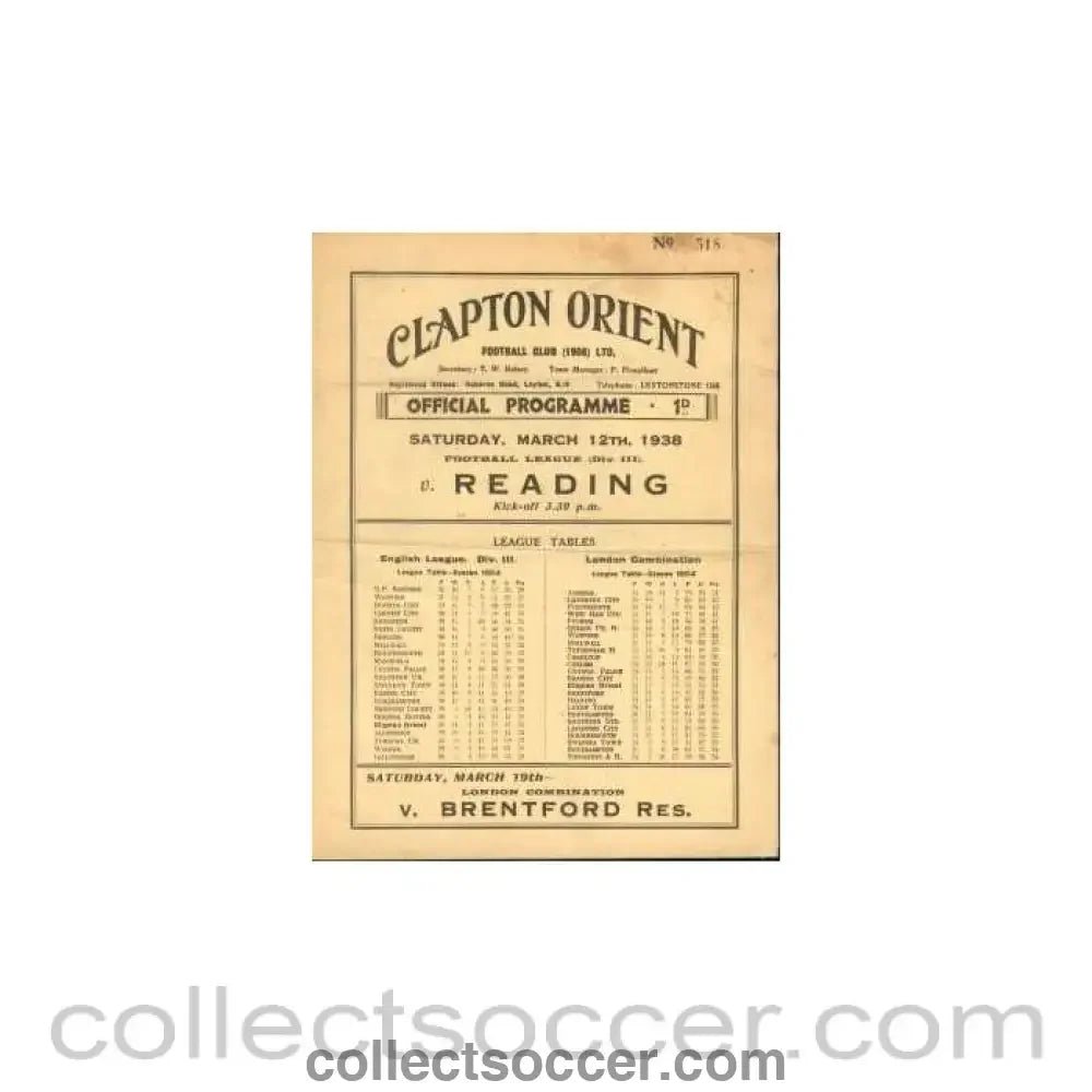 1938 - Clapton Orient V Reading 1938 Programme - Collect Soccer