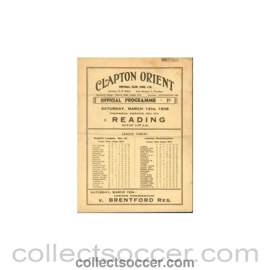 1938 - Clapton Orient V Reading 1938 Programme