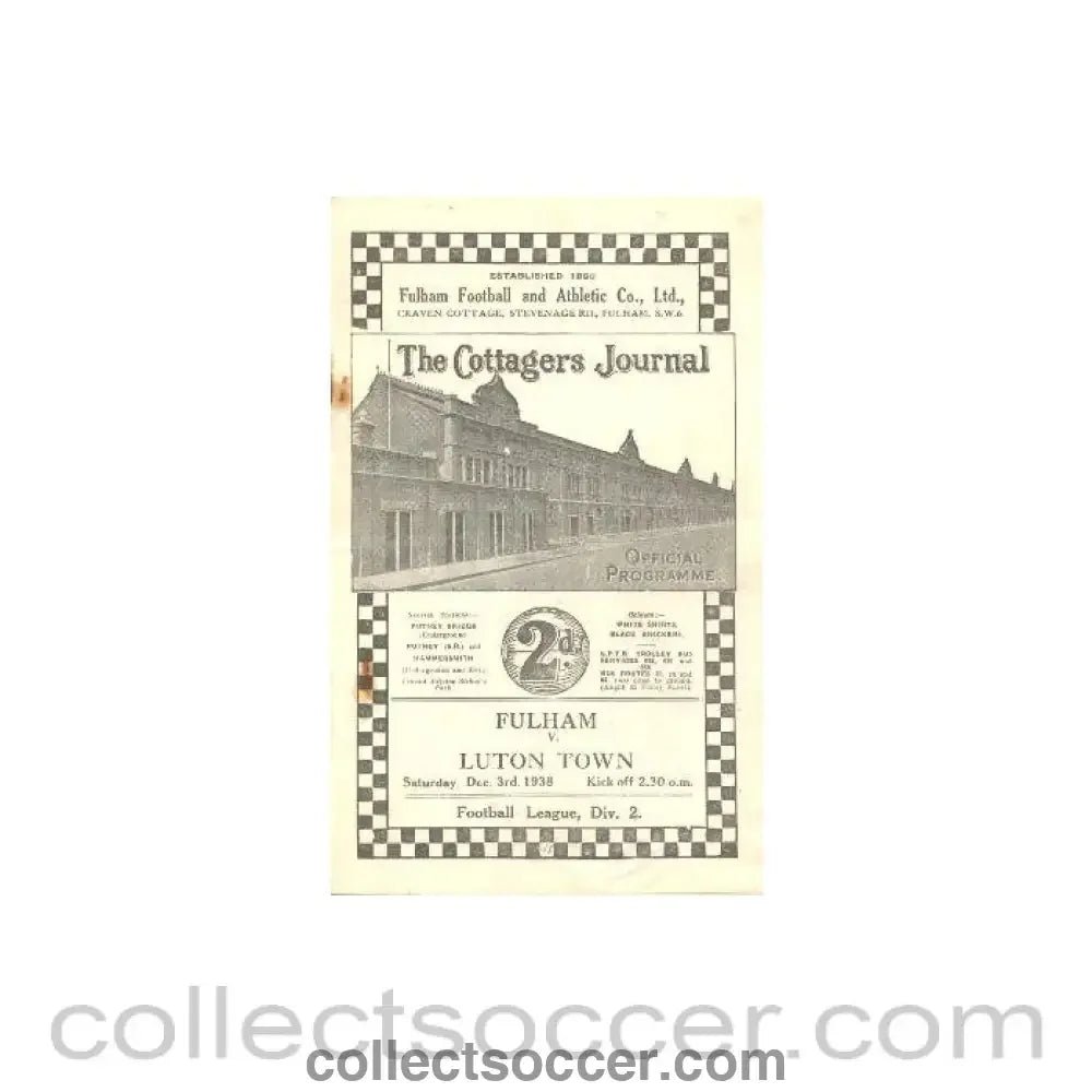 1938 - Fulham v Luton Town official programme 03/12/1938 - Collect Soccer