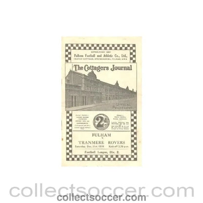 1938 - Fulham v Tranmere Rovers official programme 31/12/1938 - Collect Soccer