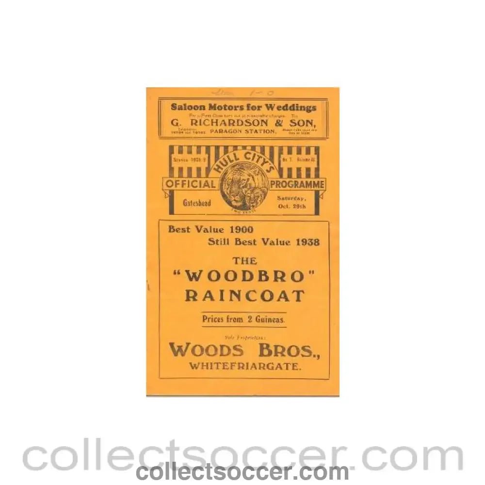 1938 - Hull City v Gateshead official programme 29/10/1938 - Collect Soccer