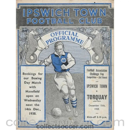 1938 - Ipswich Town FC V Torquay United FA Cup 2nd Round 10/12/1938 Football Programme - Collect Soccer