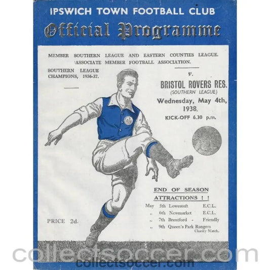 1938 - Ipswich Town v Bristol Rovers Reserves 4/5/1938 Football Programme - Collect Soccer