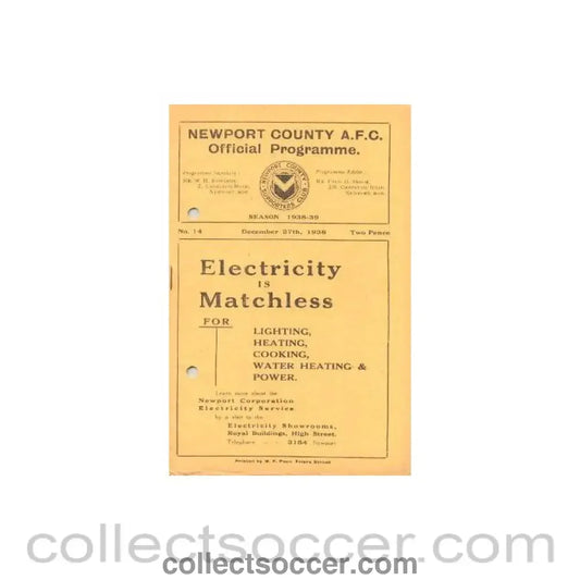 1938 - Newport County v Swindon Town official programme 27/12/1938