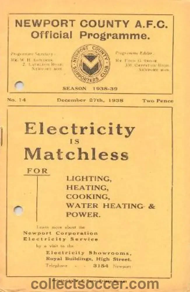 1938 - Newport County v Swindon Town official programme 27/12/1938 - Collect Soccer