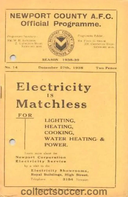 1938 - Newport County v Swindon Town official programme 27/12/1938 - Collect Soccer