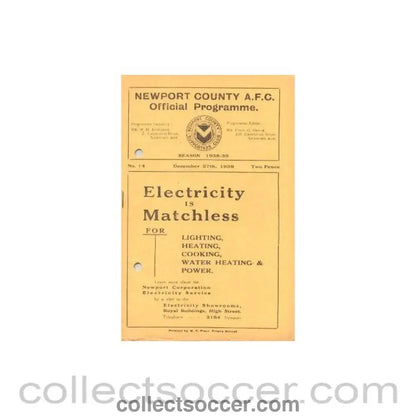 1938 - Newport County v Swindon Town official programme 27/12/1938 - Collect Soccer