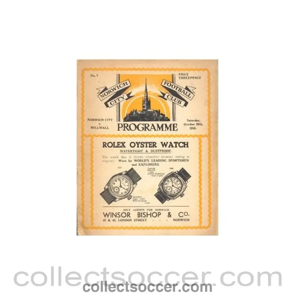 1938 - Norwich City v Millwall official programme 29/10/1938 - Collect Soccer