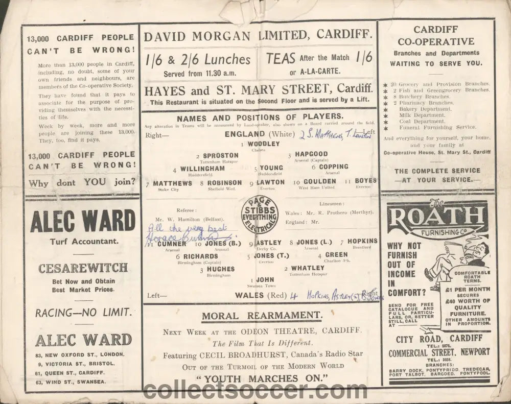 1938 Played at Cardiff City Wales v England Programme signed by Horace Cumner of Arsenal on his debut