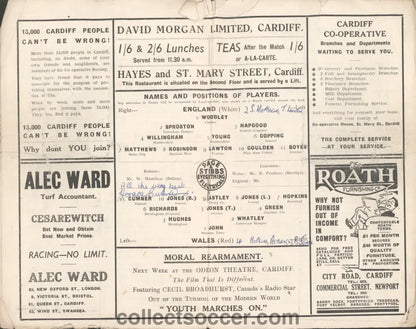 1938 Played at Cardiff City Wales v England Programme signed by Horace Cumner of Arsenal on his debut